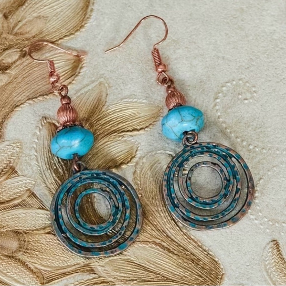 Western Earrings Handcrafted Turquoise Hoop Drop Earrings Cowgirl Style - Picture 2 of 3